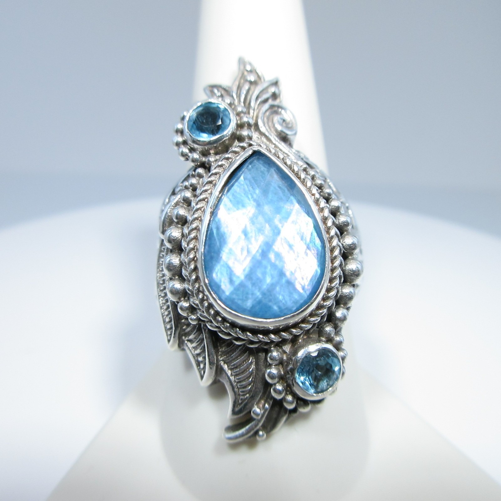 Sarda Sterling Silver Blue MOP Quartz Triplet & Swiss Blue Topaz Ring Size 9