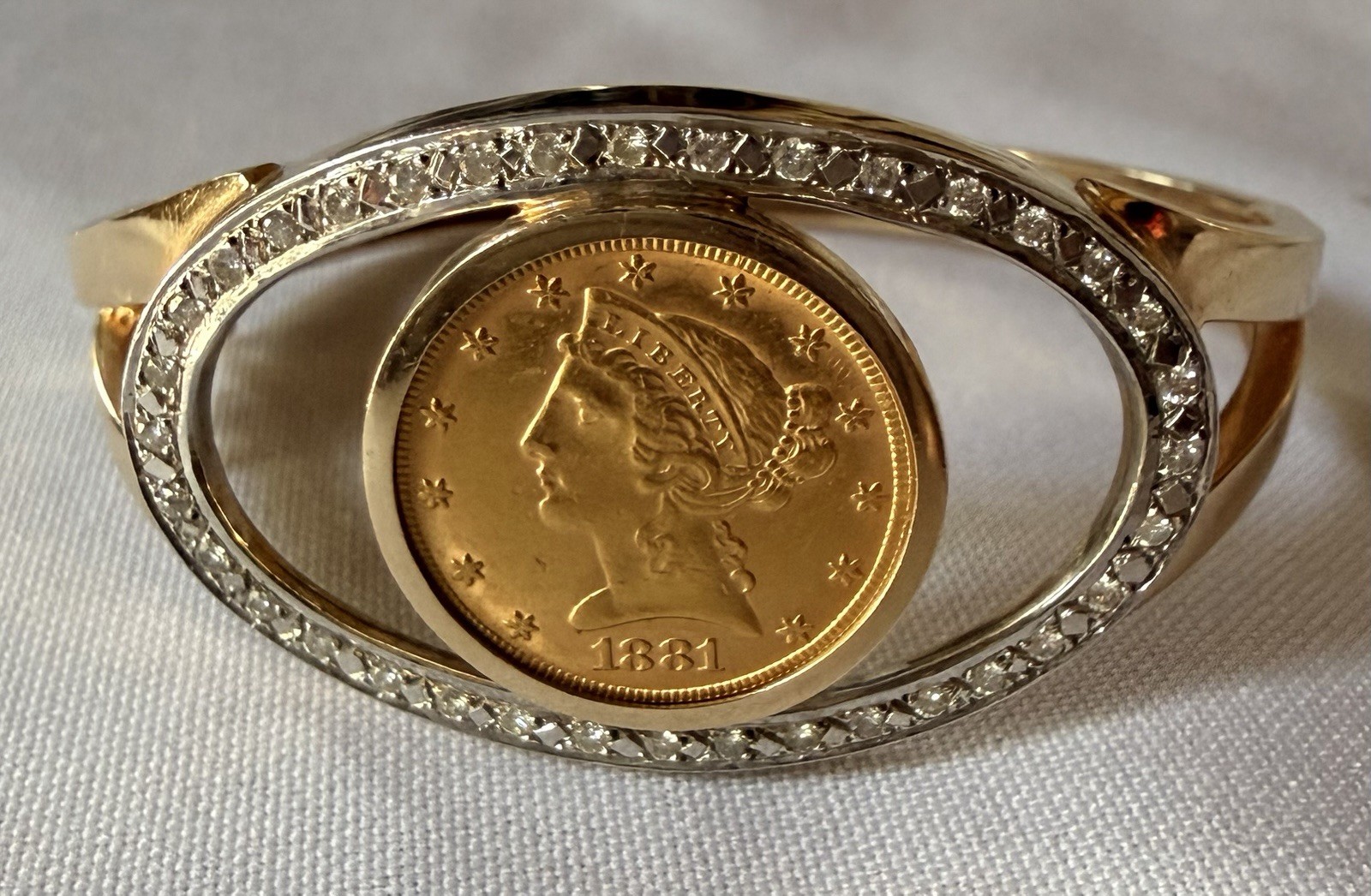 Fortunoff 14K Gold 1881 US $5 Liberty Head Gold Coin Cuff Bracelet Diamond Halo