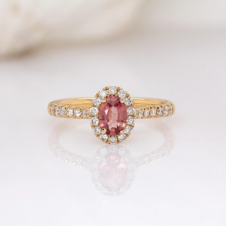 2.50 Ct Oval Cut Padparadscha Sapphire Diamond Anniversary Ring 14K Yellolw Gold