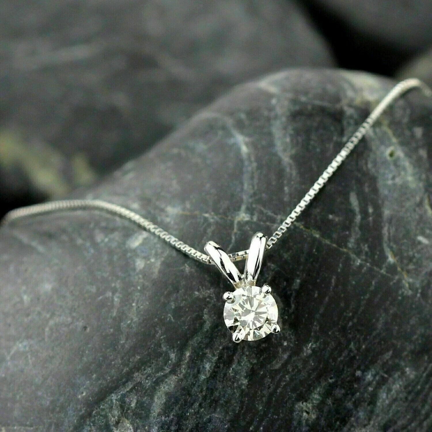 7MM Round Cut Lab-Created Diamond Solitaire Women Pendant 14K White Gold Plated.