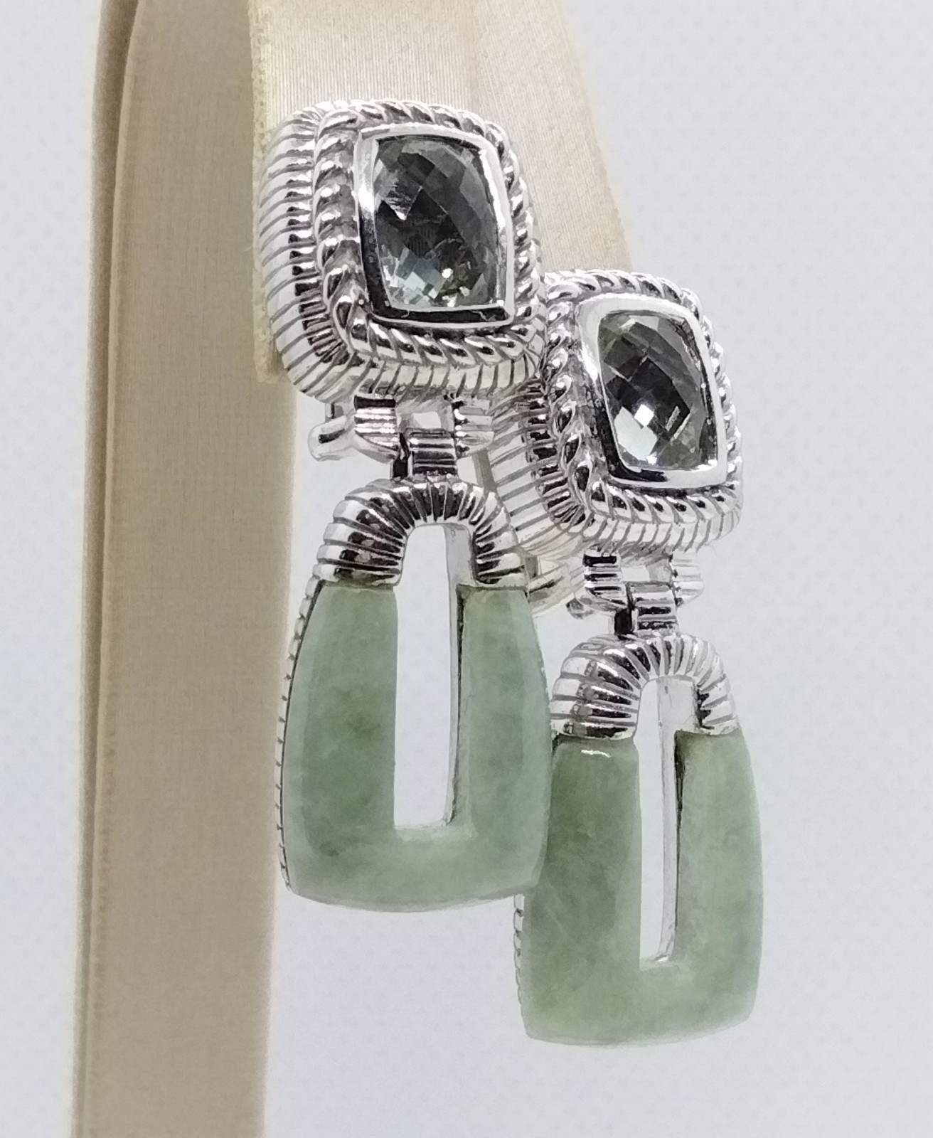 Judith Ripka Sterling Silver Prasiolite Jade Dangle Omega Back Dangle Earrings