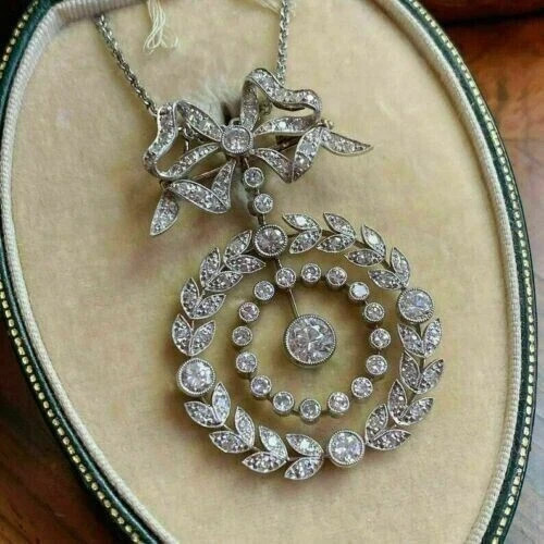 3.00Ct Lab Created Diamond Round Antique Pendant 14K White Gold Finish