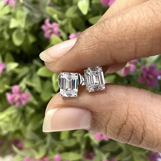 2Ct Emerald-Cut VVS1 Moissanite Screw Back Stud Earrings 14k White Gold Plated