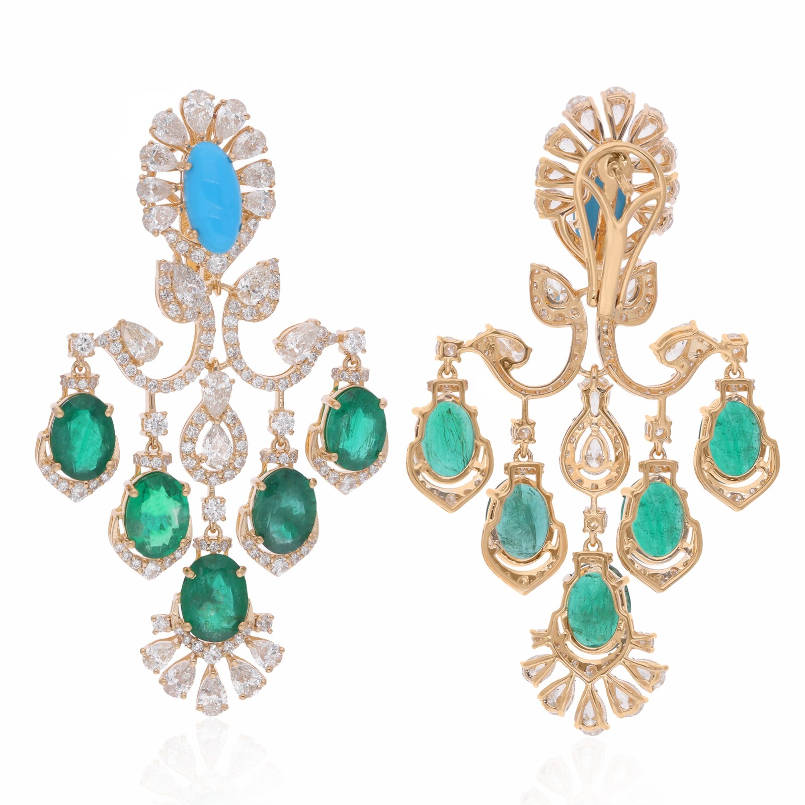 19.00TCW Emerald Lab Grown CVD Diamond Turquoise 14k Yellow Gold Dangle Earrings