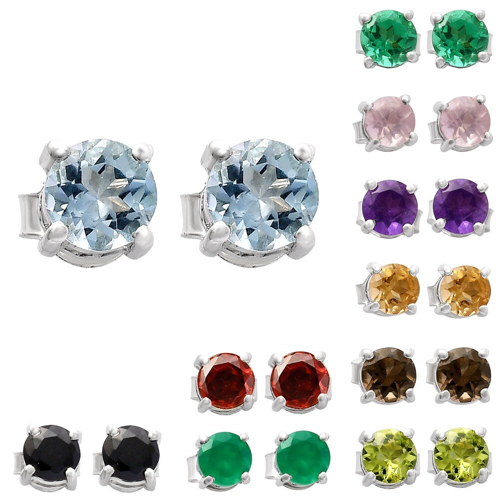 Natural Gemstones Round Shape 925 Silver Stud Earrings DGE1073 E-1017
