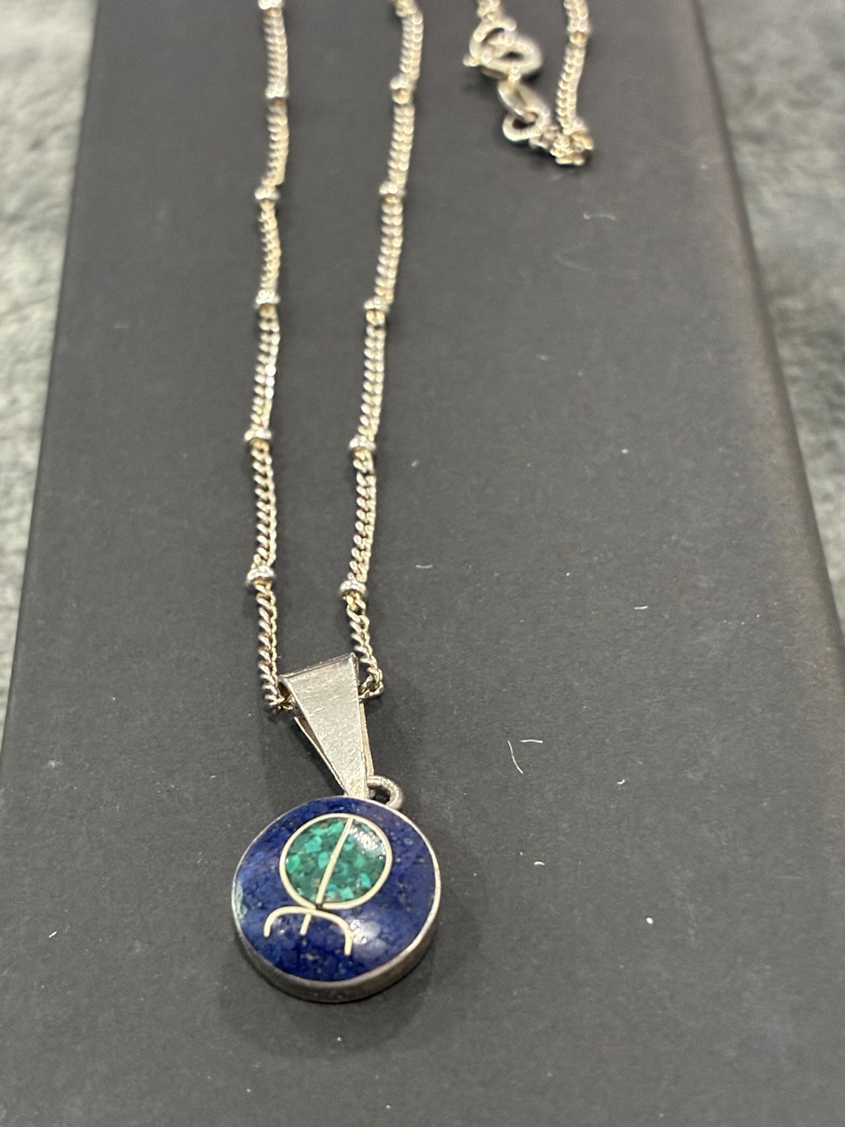 Sterling Silver 950 Lapis Lazuli Round Bezel Charm Pendant Cable Chain Signed