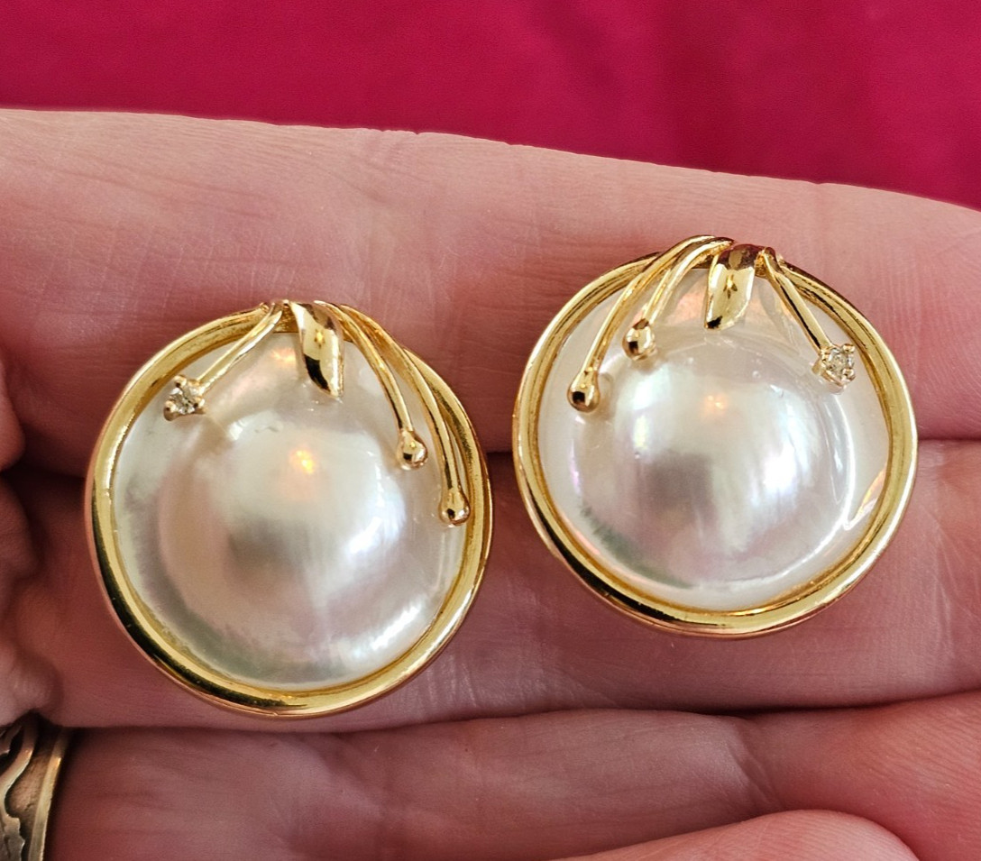 14K Yellow Gold Mabe Pearl Diamond Earrings Round Omega Back Statement 11g