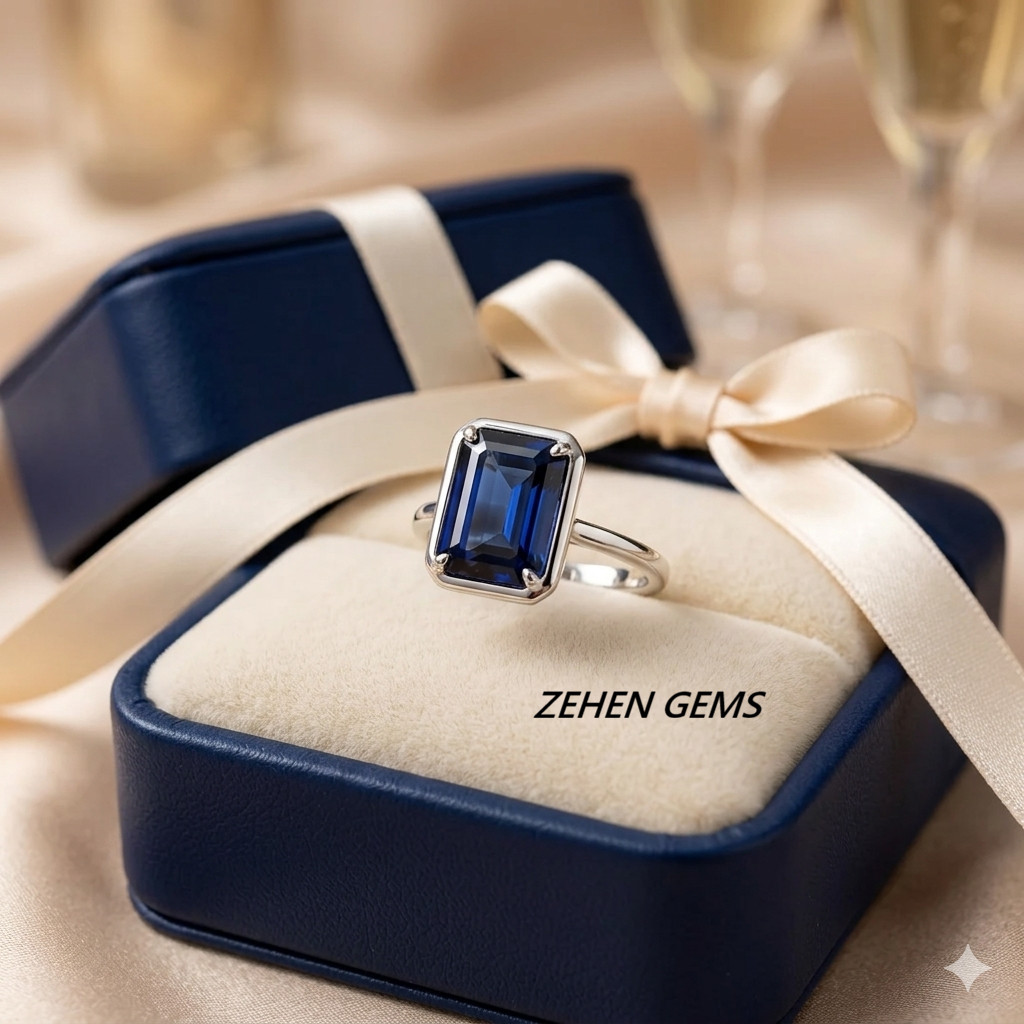 Lab created Blue Sapphire Ring Women Emerald Cut Solitaire Ring