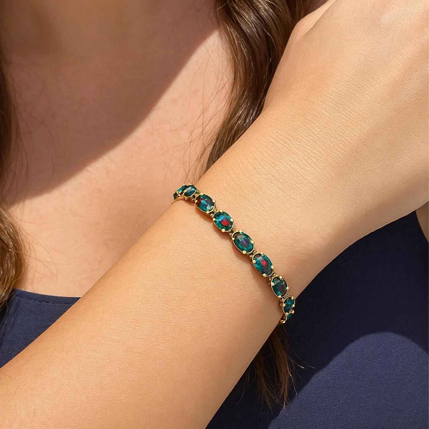 Genuine Black Opal Gemstone Silver Tennis Bracelet, Fire Opal Gemstone