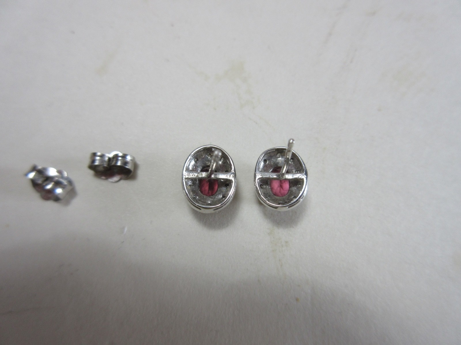 JWBR 14K 14 Karat White Gold Pink or Red Gem & Diamond Stud Earrings ~ 1.9 gr