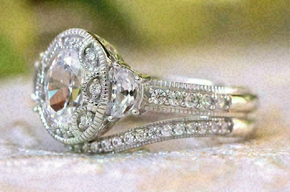 3.00CT Oval Cut Lab Created Bridal Engagement Ring Set 925 Sterling Silver SZ 9