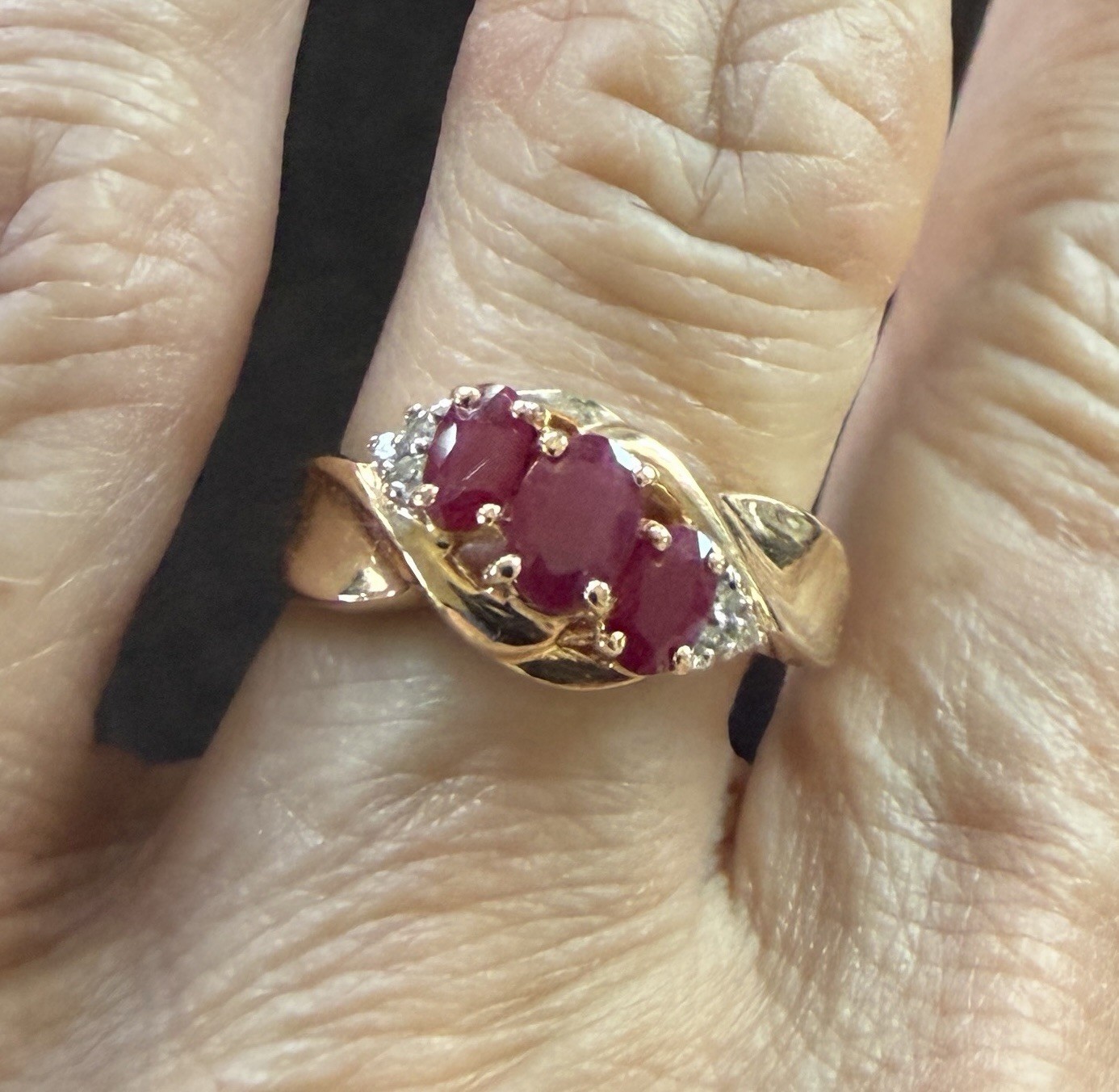 14k Yellow Gold Three Oval Ruby And Diamond Ring