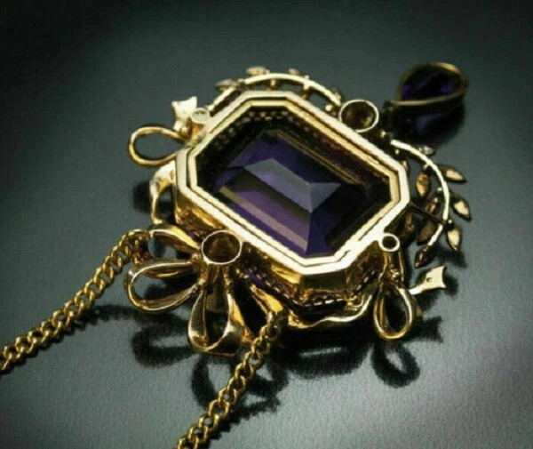 Antique 5Ct Emerald Cut Amethyst Pearl Pendant 14K Yellow Gold Finish Free Chain