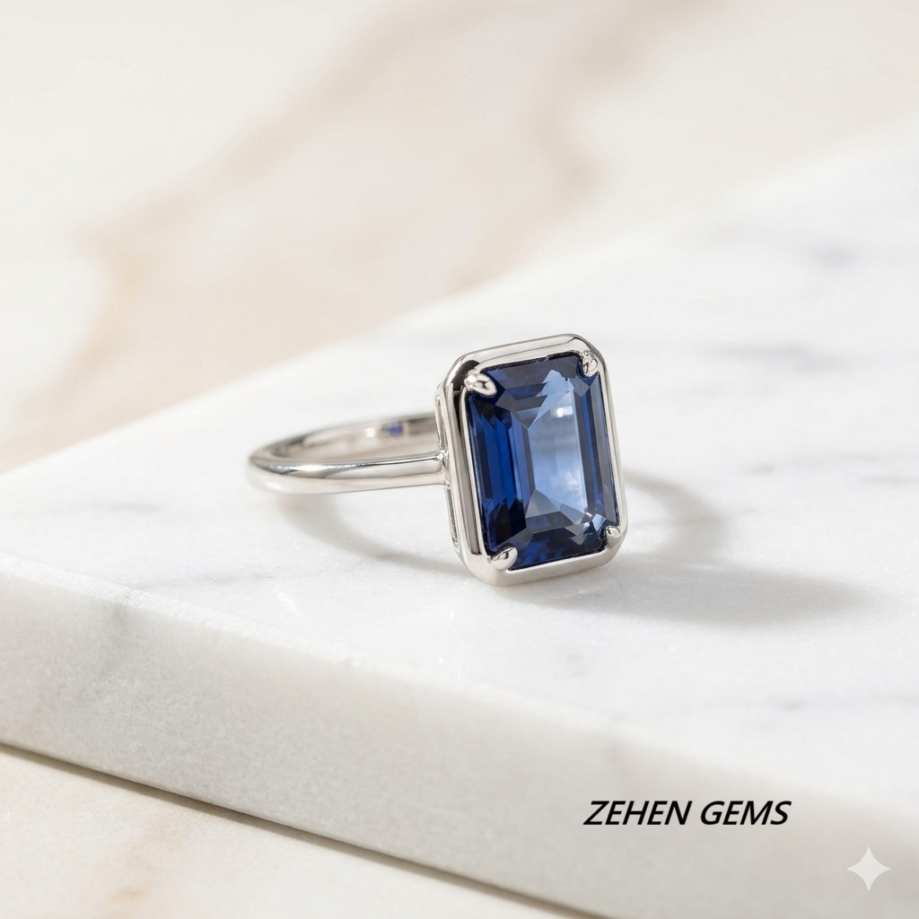 Lab created Blue Sapphire Ring Women Emerald Cut Solitaire Ring