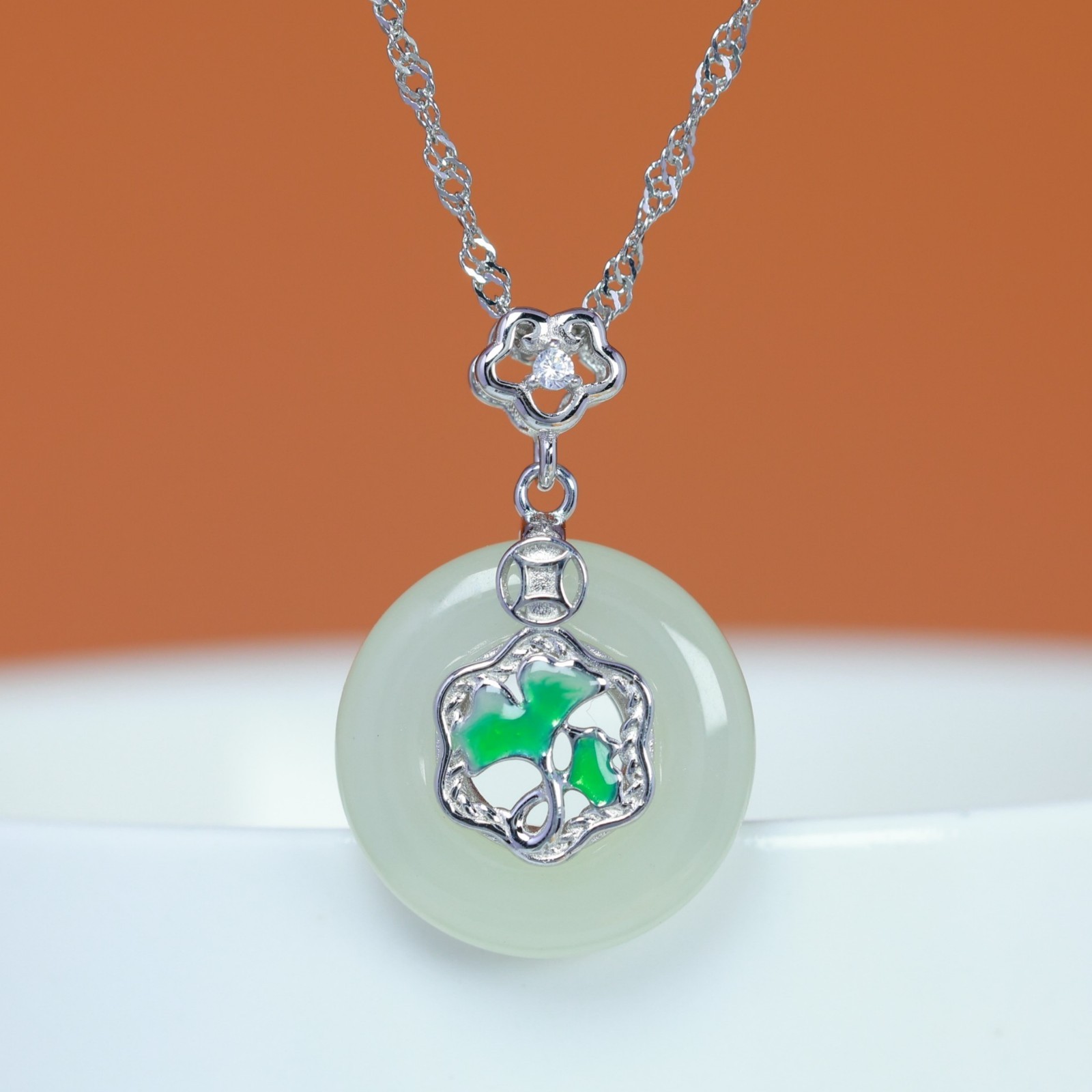 S925 Silver Jade Donut Pendant Necklace with Green Accent Filigree