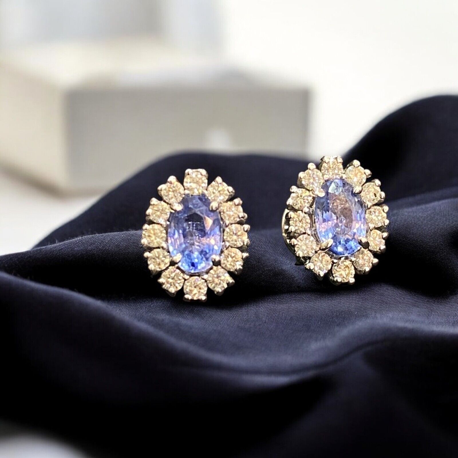 1.85 Cts Round Brilliant Cut Diamond Blue Sapphire Stud Earrings 14K White Gold