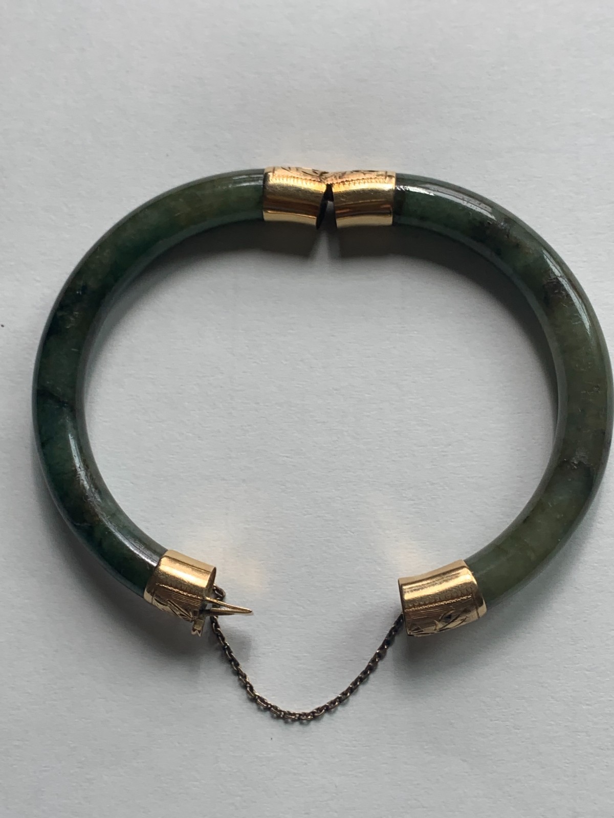 Solid Green Jade Hinged Bangle Bracelet 14K Gold Clasp safety chain Vintage