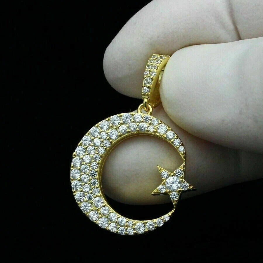 Diamond Crescent Moon & Star Pendant 14K Yellow Gold Over Round Cut Charm 1.40″