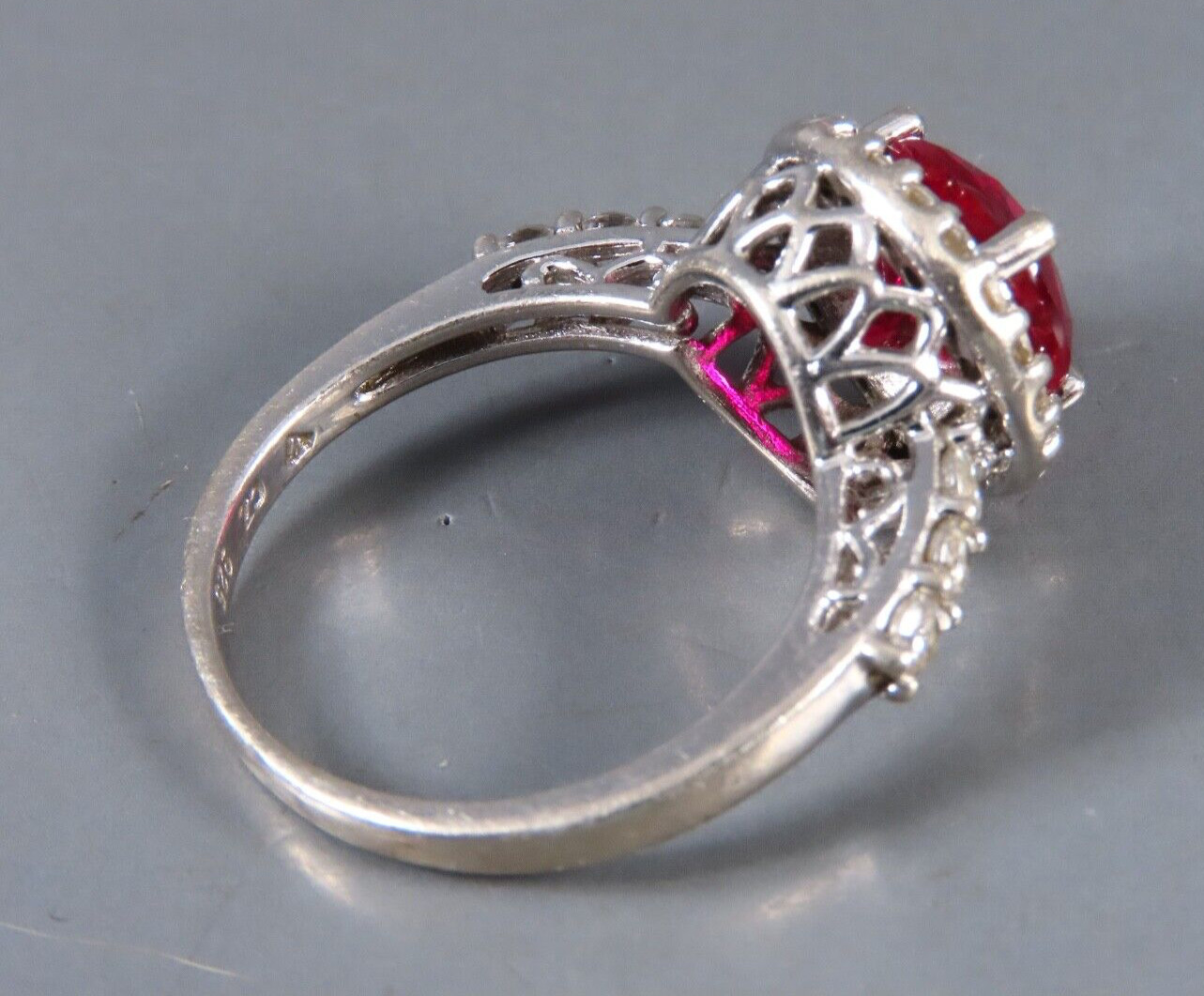 STERLING SILVER Cocktail Ring LAB CREATED DARK PINK/RED RUBY Cz Halo/Sides SZ 8
