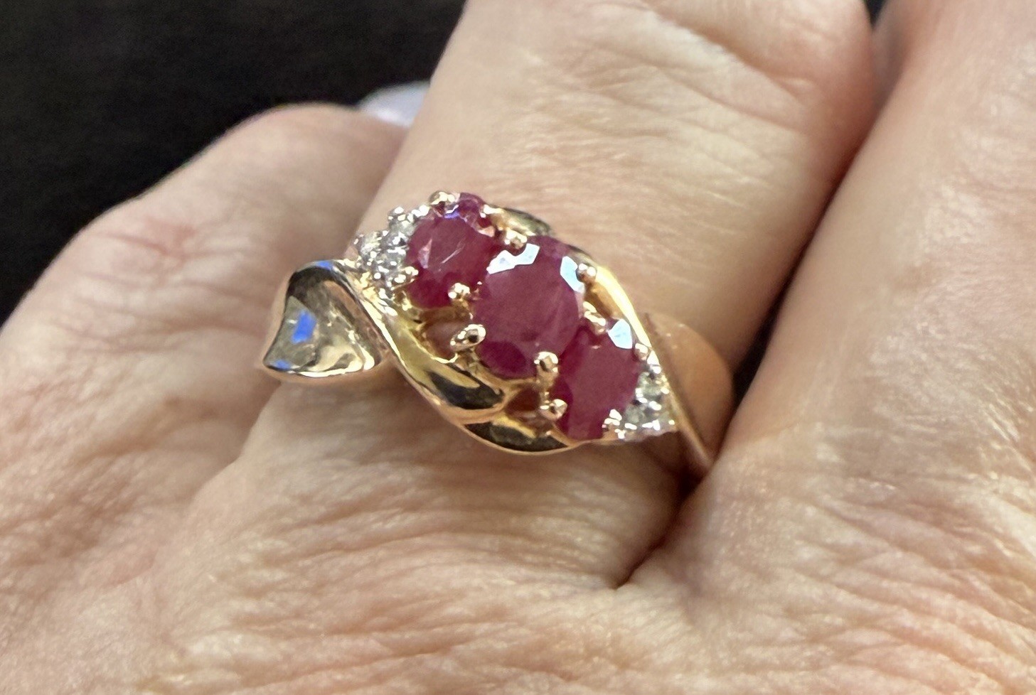 14k Yellow Gold Three Oval Ruby And Diamond Ring