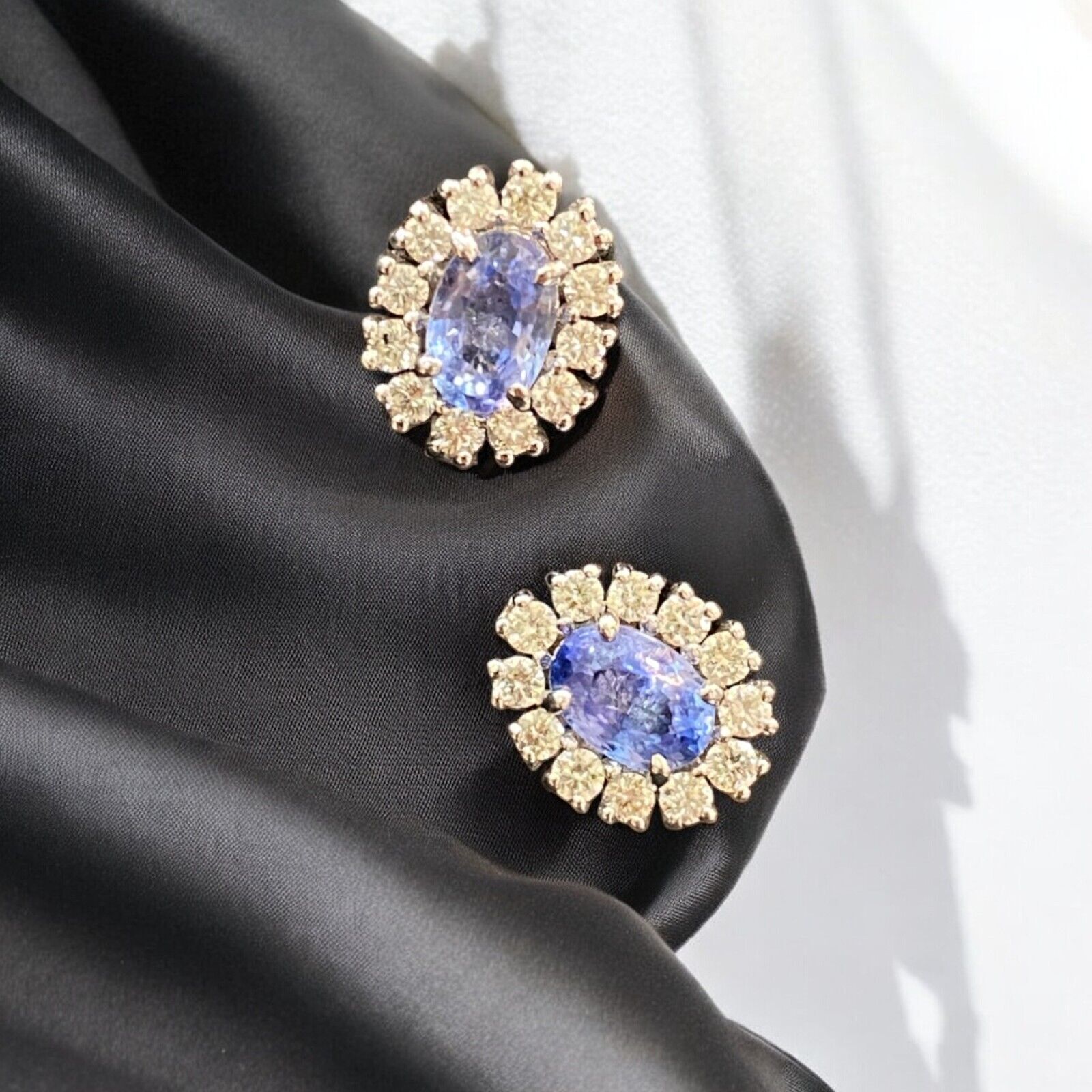 1.85 Cts Round Brilliant Cut Diamond Blue Sapphire Stud Earrings 14K White Gold