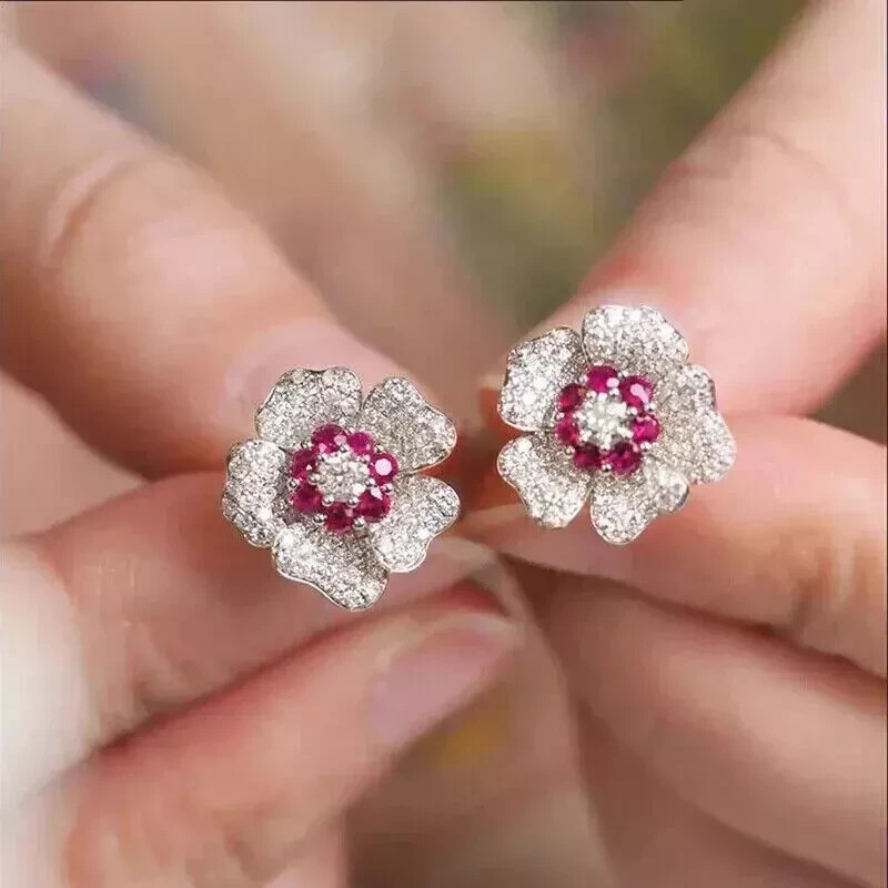 2Ct Round Cut Lab-Created Pink Ruby Diamond Stud Earrings 14K White Gold Plated