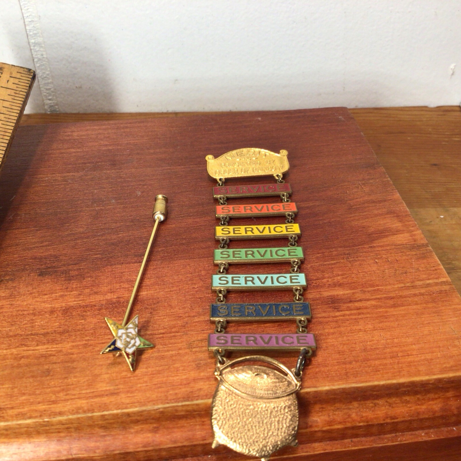 Vintage Gold Tone Pins Masonic Rainbow Girl Jewelry Merit Ribbon