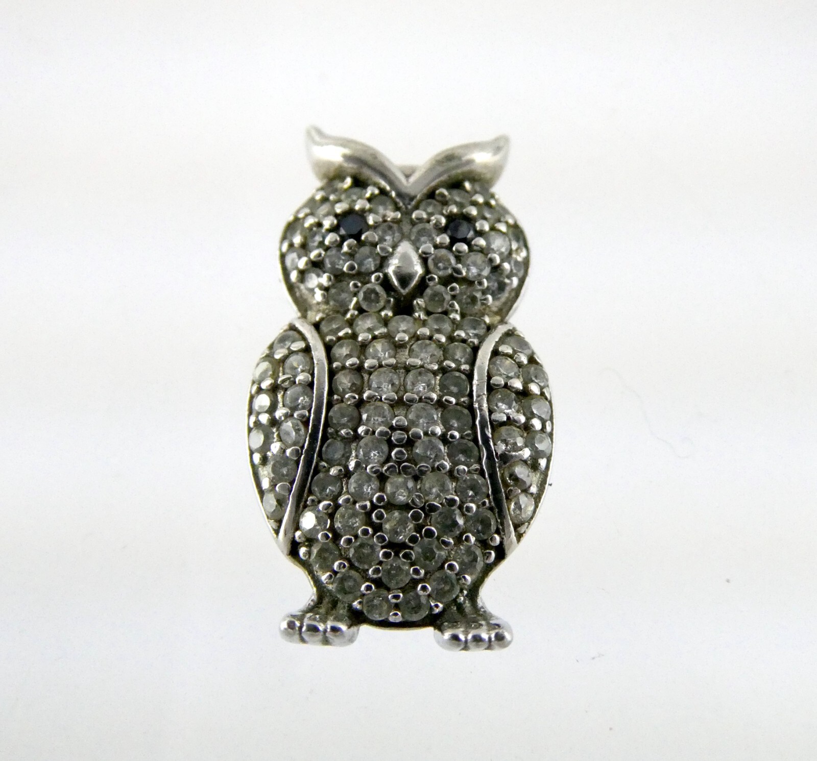 Sterling Silver White and Blue Crystal Pave Studded Owl Pendant 925 1.9g .75 In