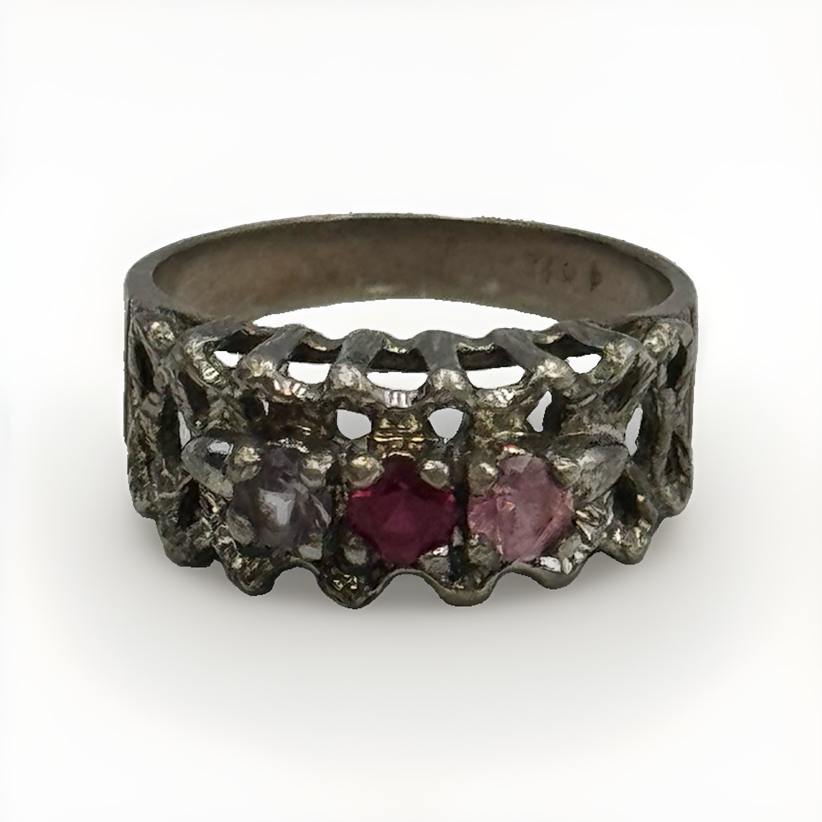 Sterling Silver 925 Pink Red & Clear Round Cut Filigree Size 7.25 Ring 3.9g