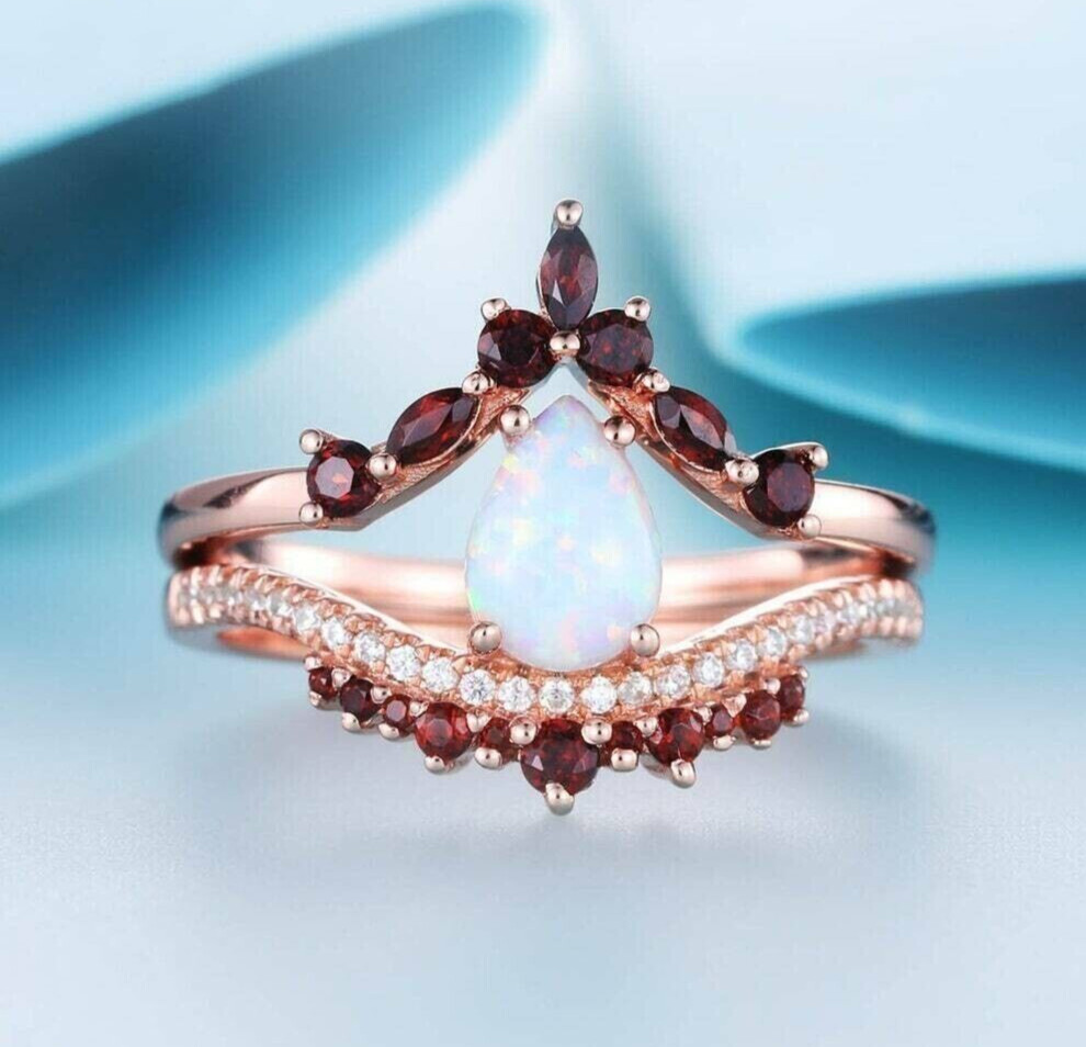 2.89ct Pear Lab Created Opal & Garnet Elegant Wedding Bridal Ring Set 925 Silver
