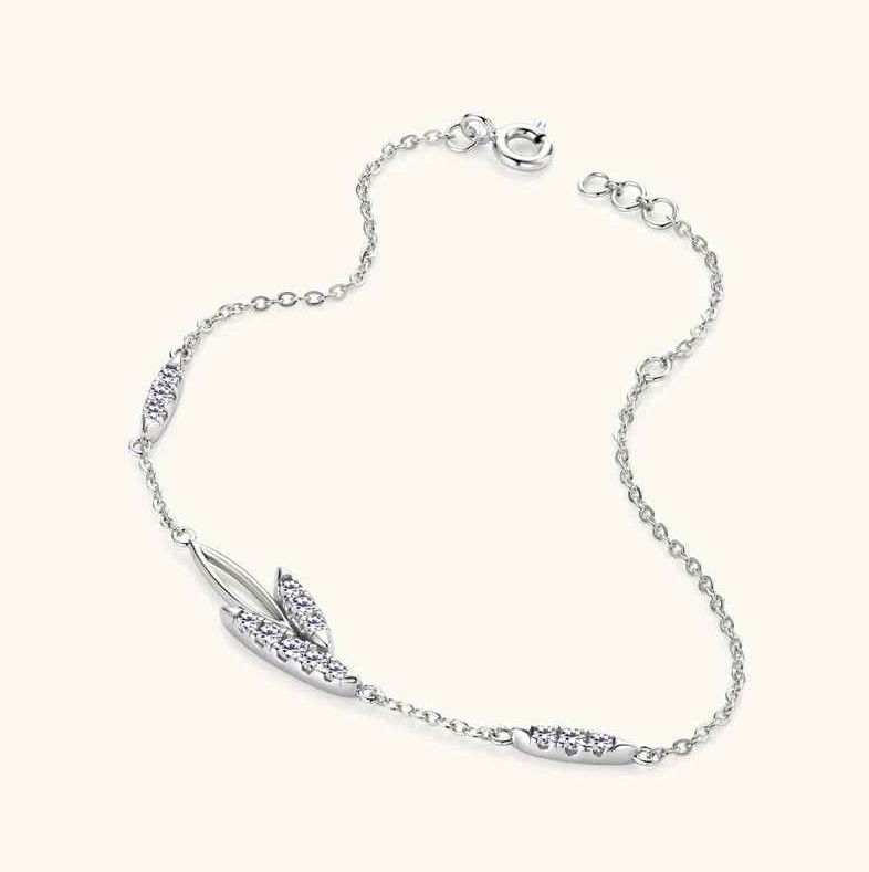 Korean INS Moissanite Bracelet for Women 925 Silver Shiny Leaves Shape Bracelet