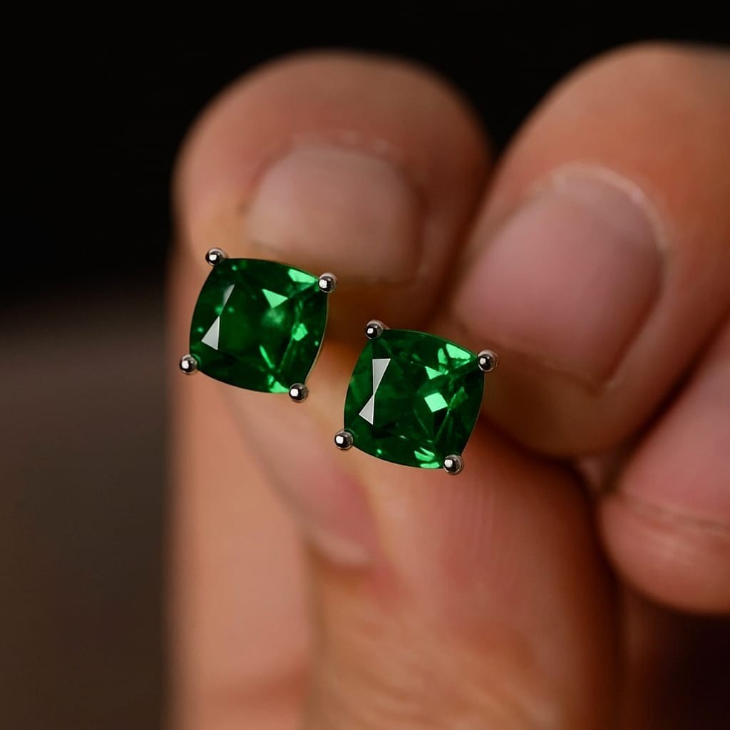 Cushion Emerald Lab Created Gemstone 925 Sterling Silver Women Stud Earrings