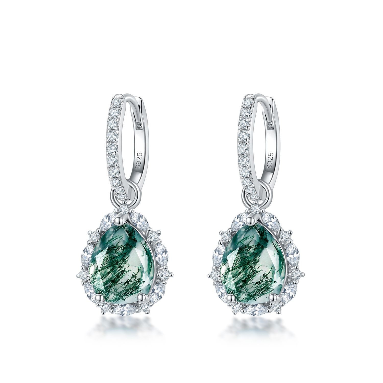 Natural Moss Agate Teardrop Hoop Earrings S925 Sterling Silver Women Gift