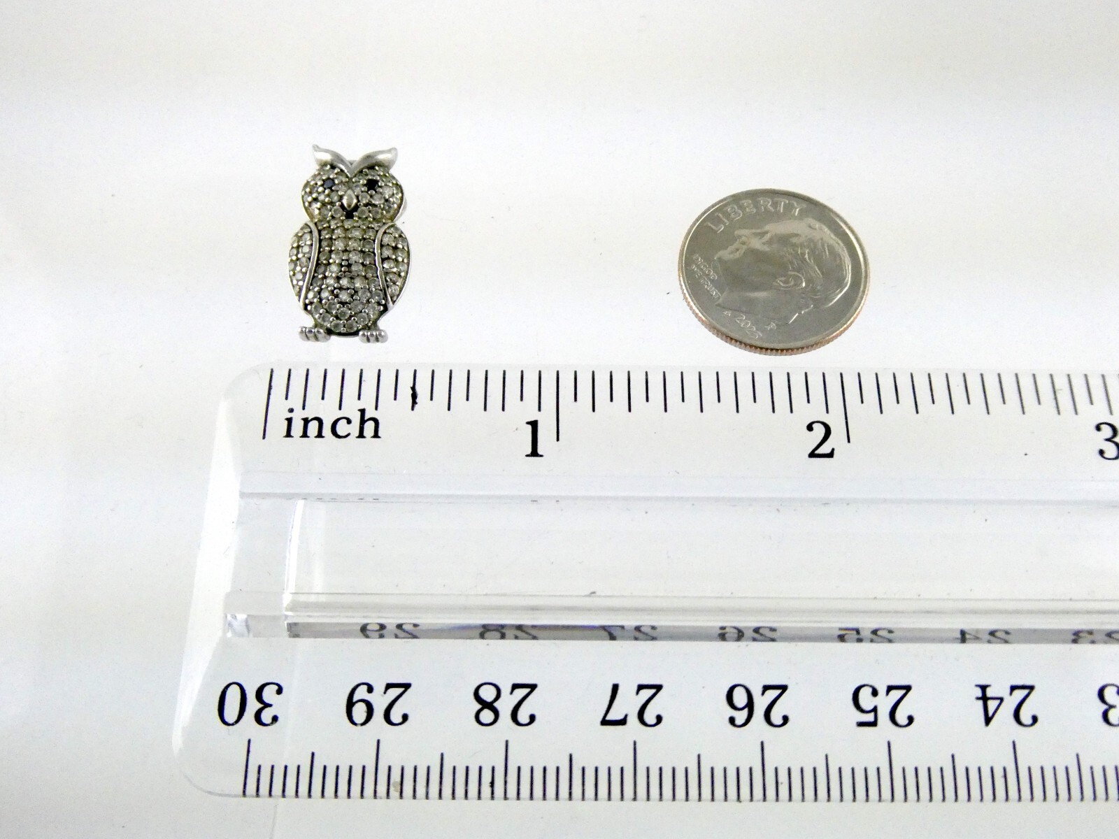 Sterling Silver White and Blue Crystal Pave Studded Owl Pendant 925 1.9g .75 In