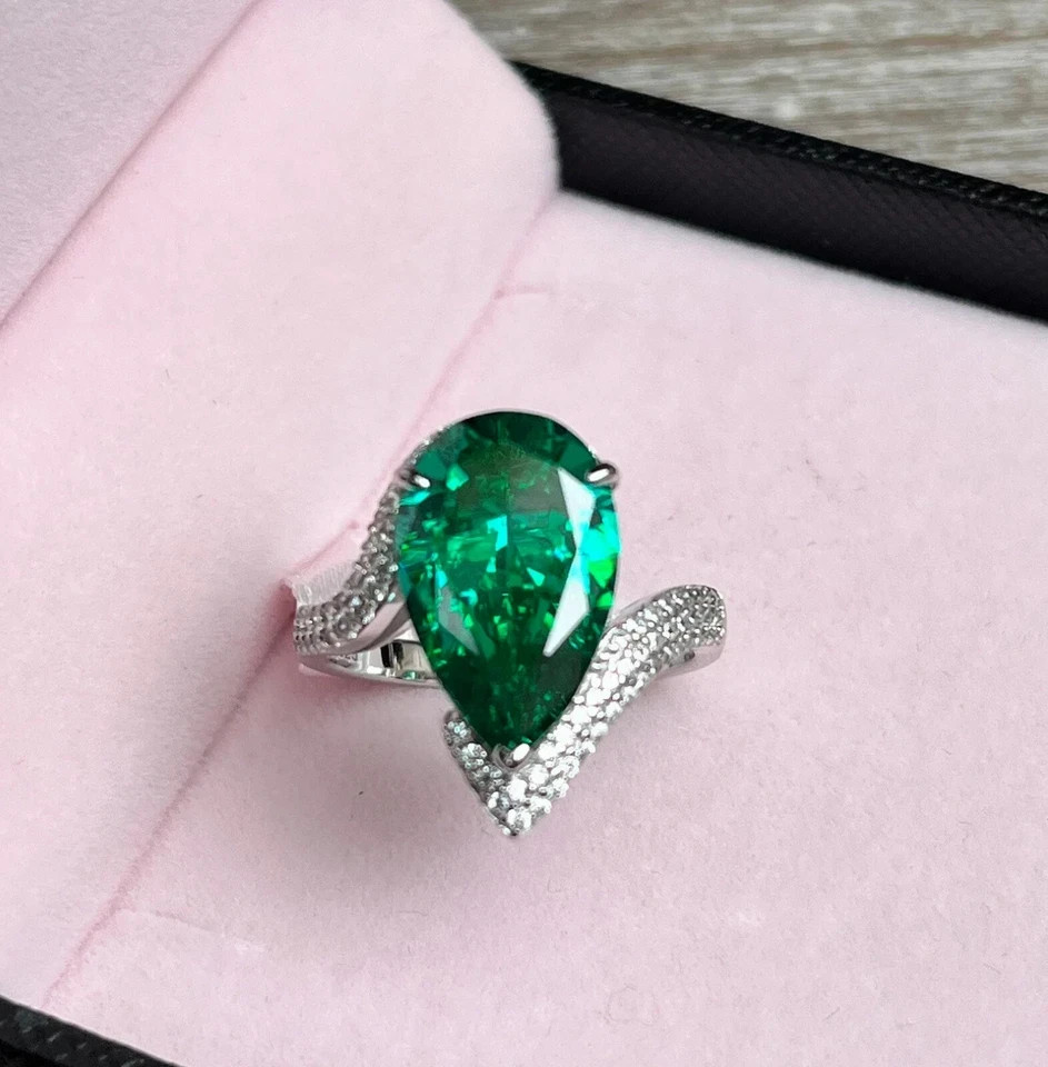 Natural 5.00 Ct Pear Cut Emerald Diamond Wedding Ring 14K White Gold Size 7