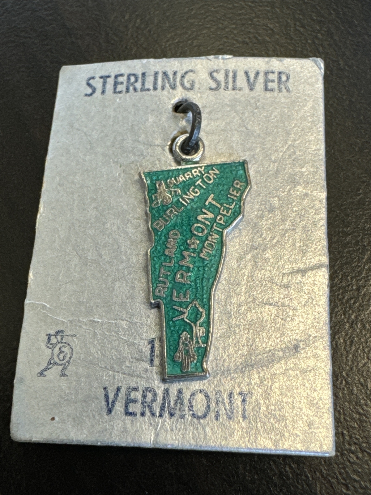 VERMONT State Map Green Enamel Sterling Silver Pendent/Charm Souvenir FORT