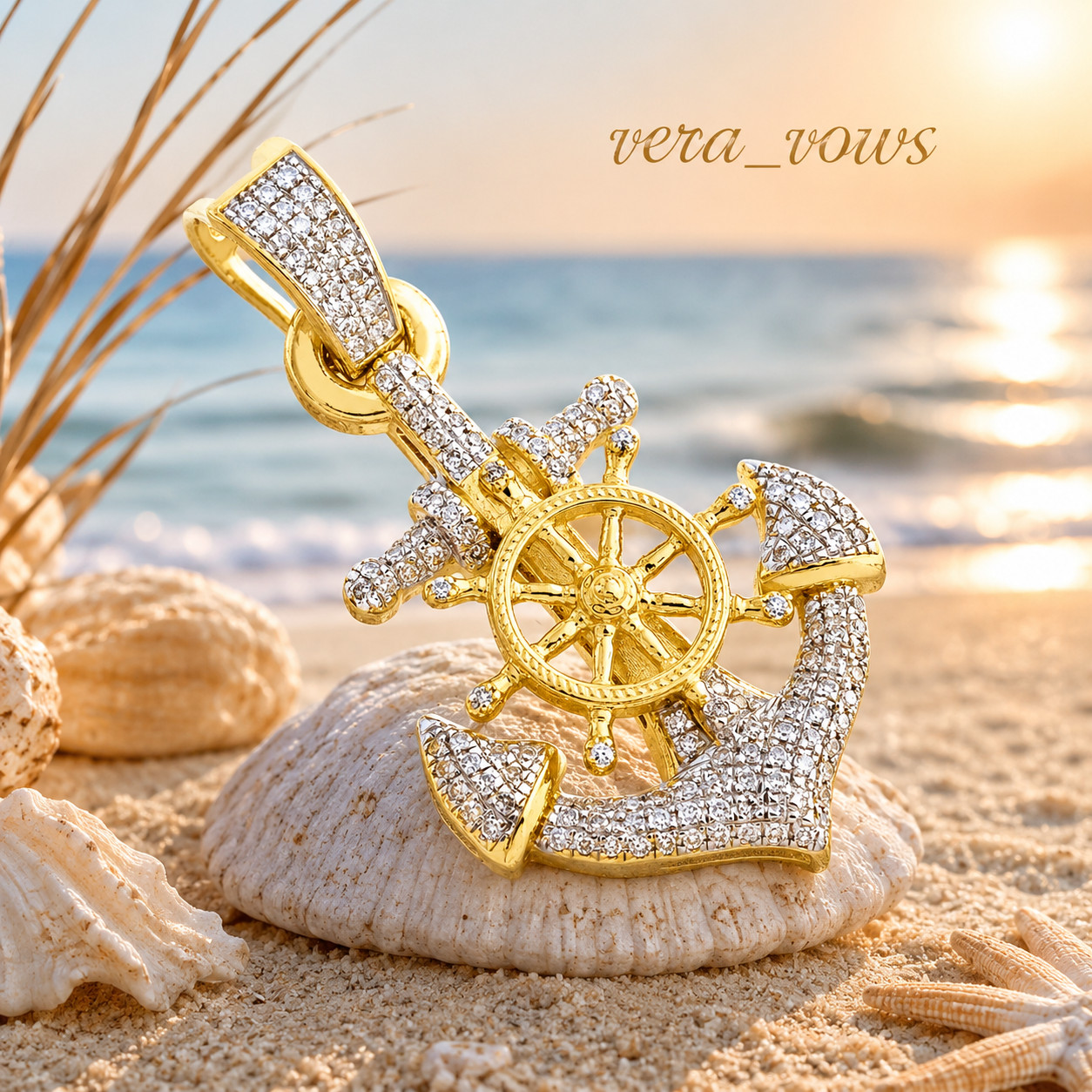 14K Yellow Gold Plated Anchor Ship Steering Wheel Round Cut Moissanite Pendant