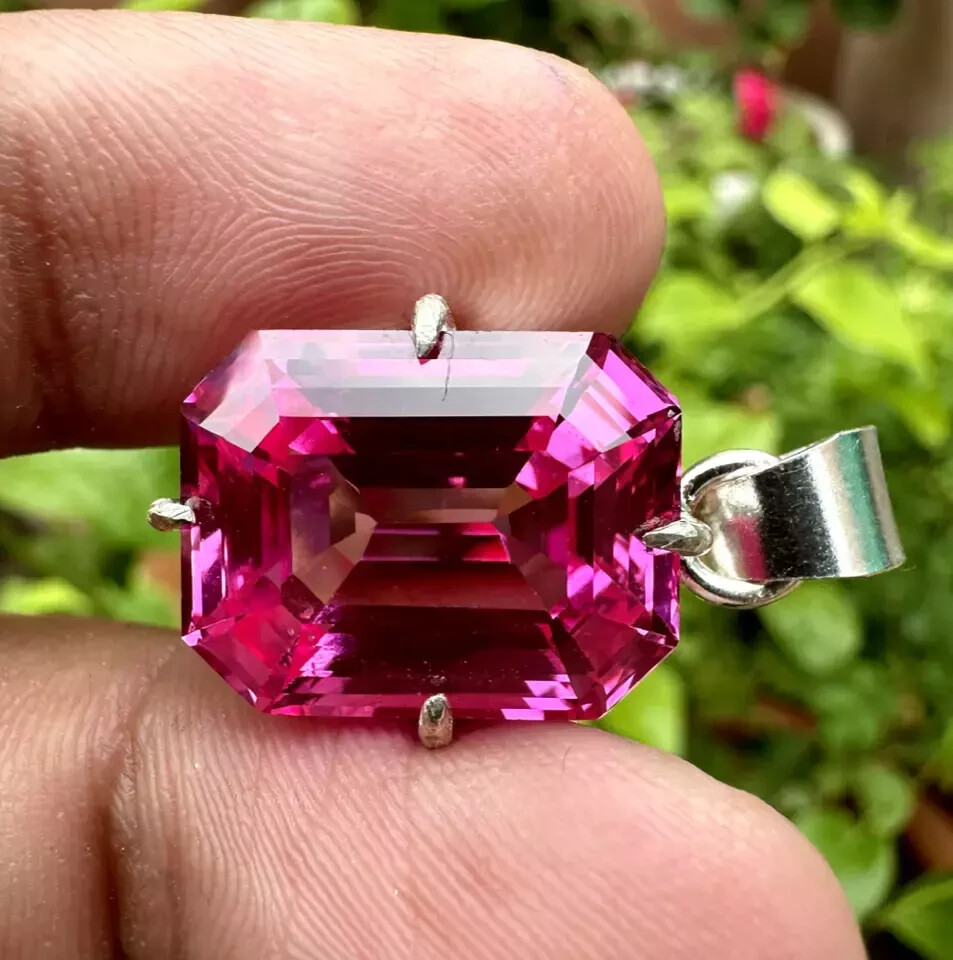 26 Ct A++ Natural Pink Sapphire Emerald Cut 925 Solid Silver Pendant Gemstone
