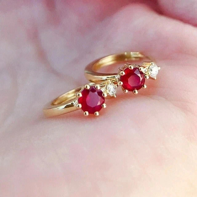 2Ct Round Cut Lab Created Red Ruby Huggie Hoop Earrings 14K Yellow Gold Plated