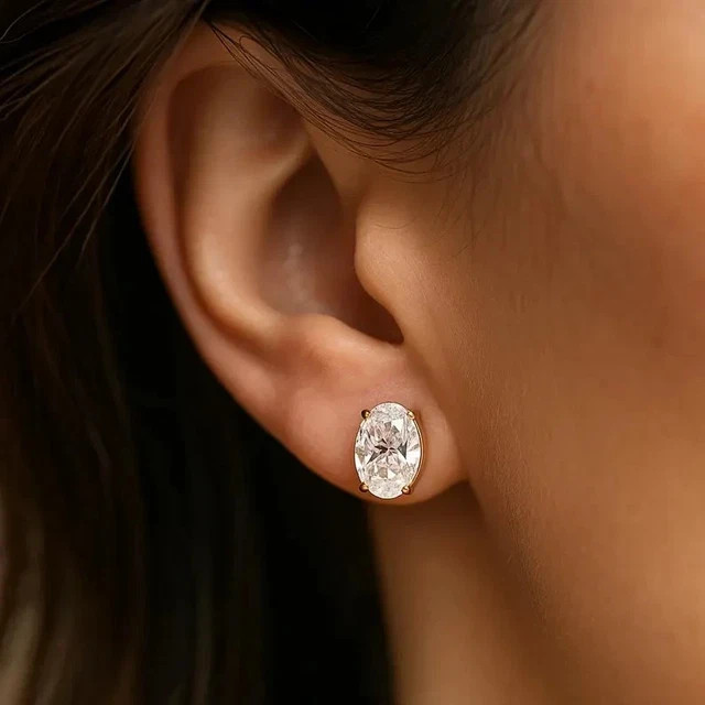14K Yellow Gold Plated 2Ct Oval Cut Real Moissanite Halo Women Stud Earrings