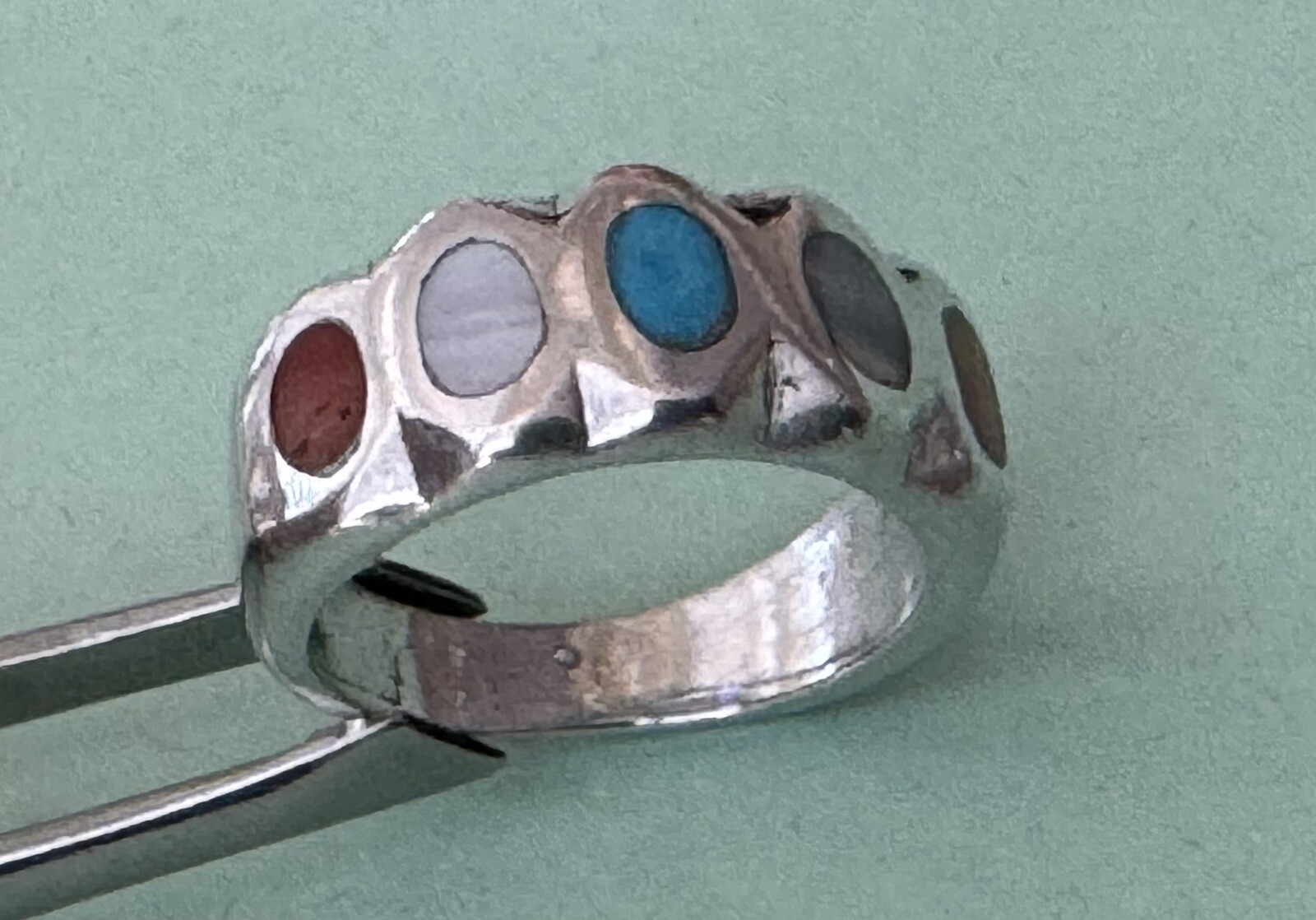 Rare Custom Design Unbranded Sterling Silver Multi Gem Inlay Size 6 Ring