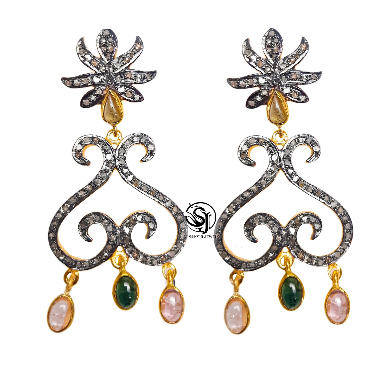 Diamond Tourmaline Earrings: 925 Sterling Silver Victorian Dangle Earring