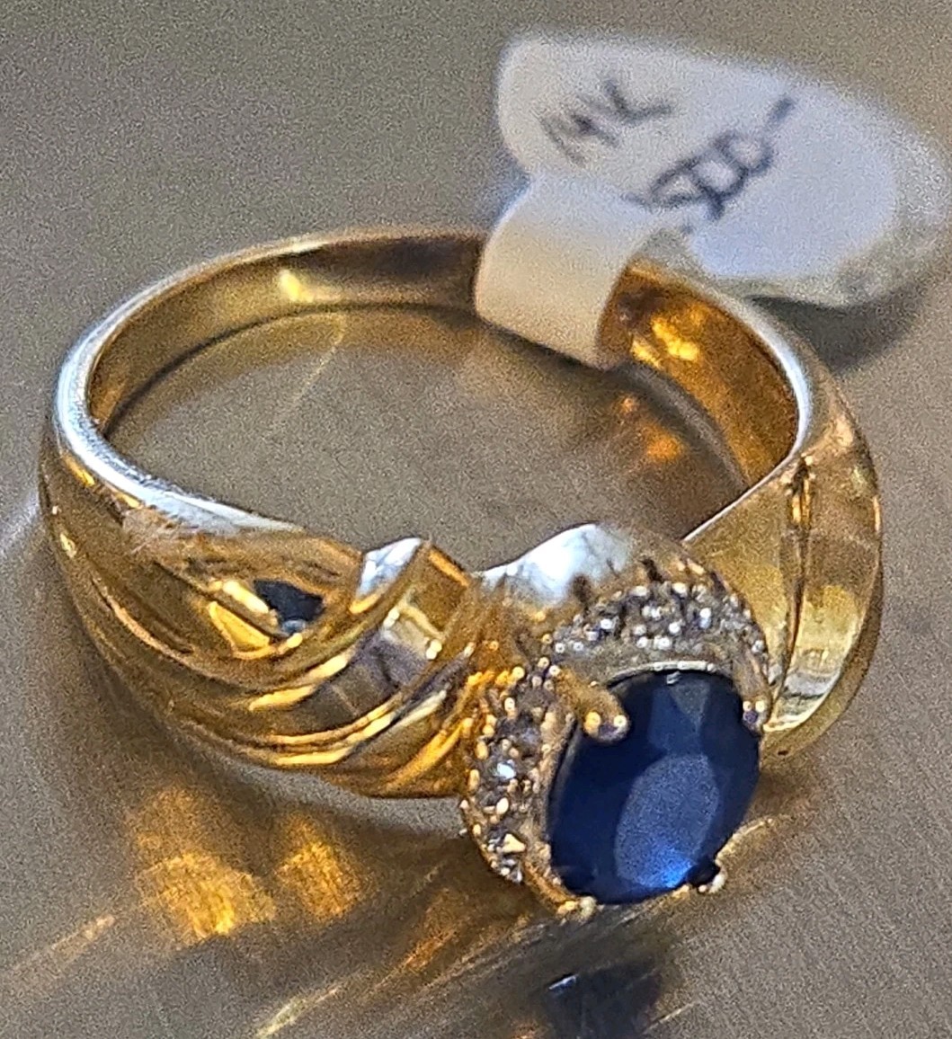 Estate 14k Solid Gold Natural Sapphire & Diamond Halo Ring Size 7.75, 3.8 grams