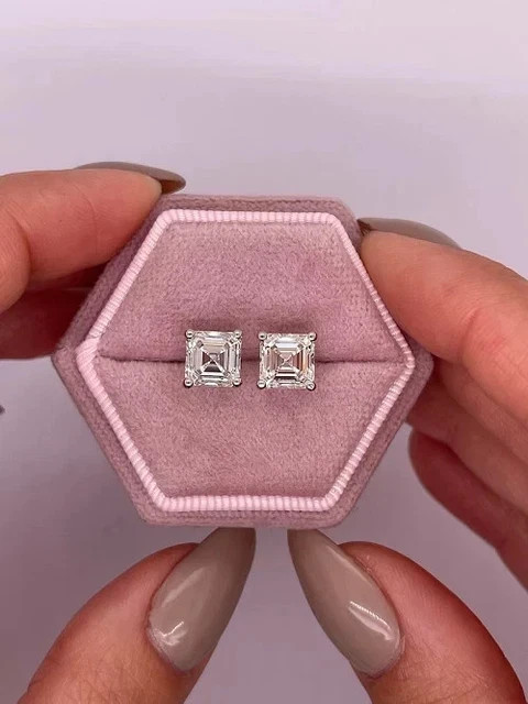 4 Ctw Asscher Cut Real Moissanite Women’s Stud Earring 14K White Gold Plated