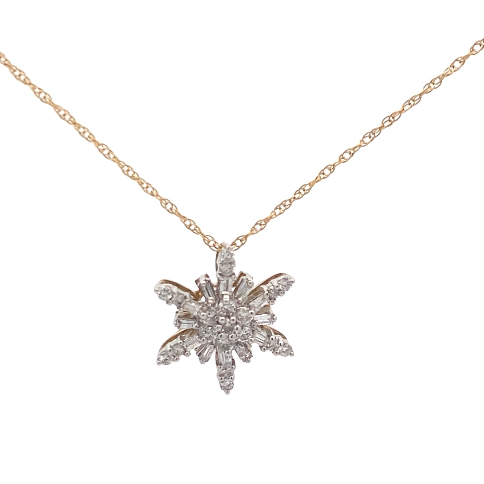 14k Yellow Gold 1/4 CT Diamond Snowflake Starburst Flower Pendant Necklace 18″