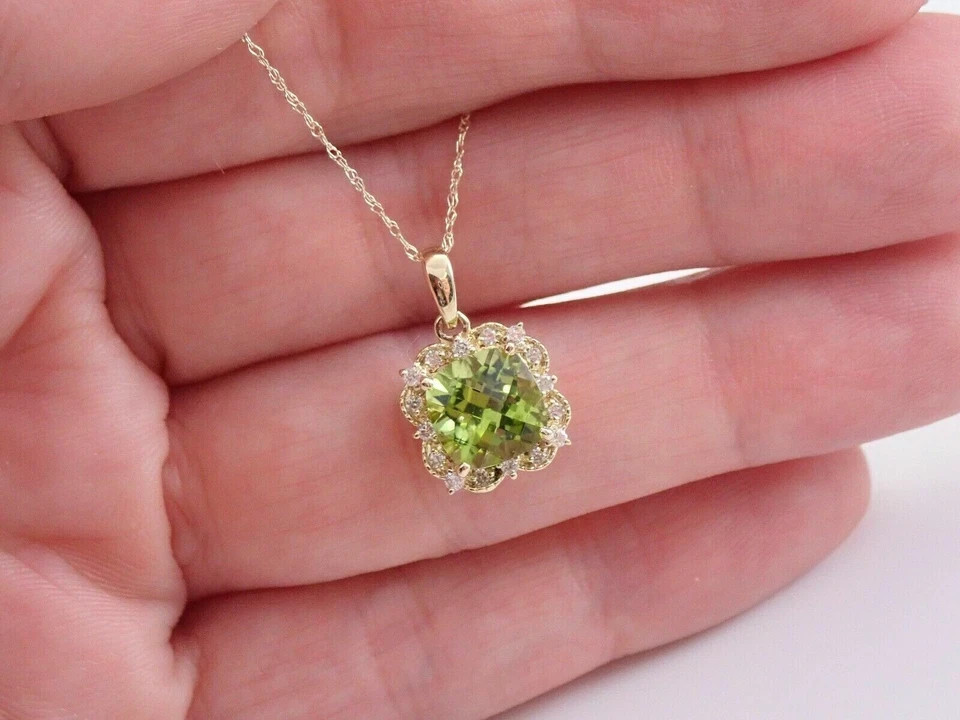 3Ct Cushion Peridot Women’s Halo Beauty Pendant 14K Yellow Gold Over Free Chain