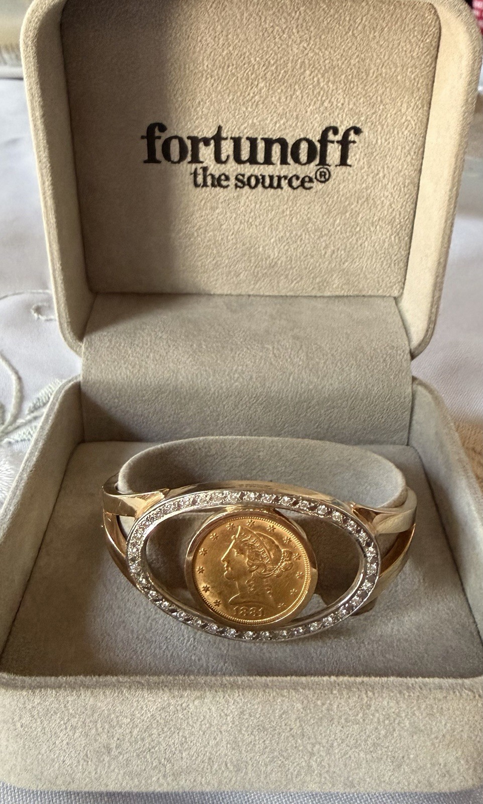 Fortunoff 14K Gold 1881 US $5 Liberty Head Gold Coin Cuff Bracelet Diamond Halo
