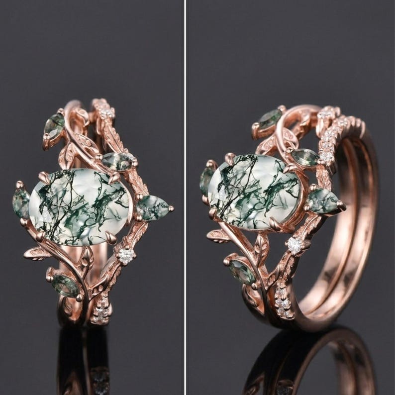 Natural Moss Agate Engagement Ring – Oval Cut Green Leaf Ring | Set For Women