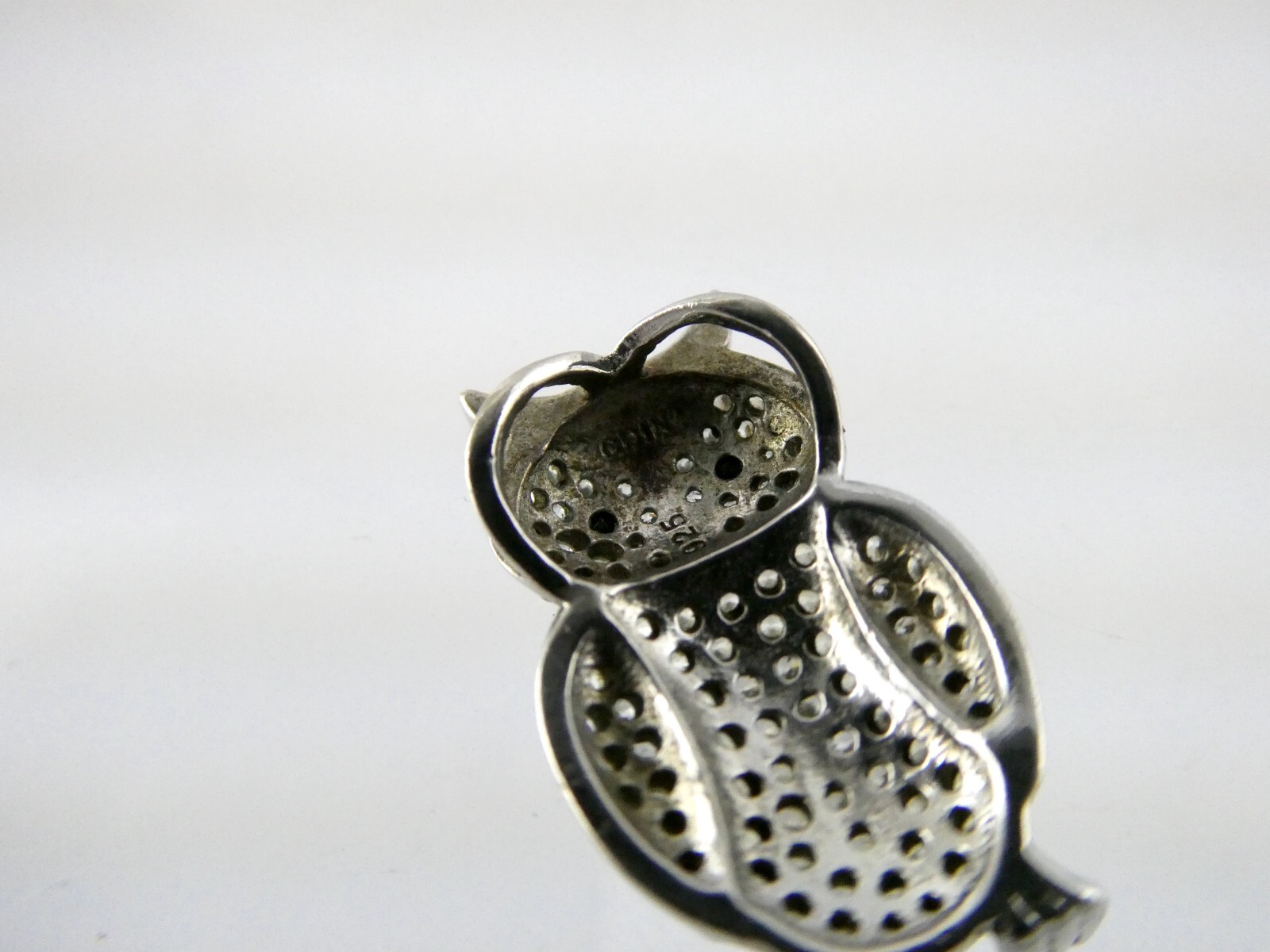 Sterling Silver White and Blue Crystal Pave Studded Owl Pendant 925 1.9g .75 In