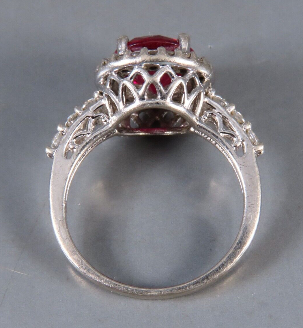 STERLING SILVER Cocktail Ring LAB CREATED DARK PINK/RED RUBY Cz Halo/Sides SZ 8